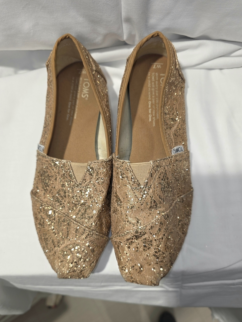 TOMS Gold Glitter  Lace Slip-On Flats - Tan